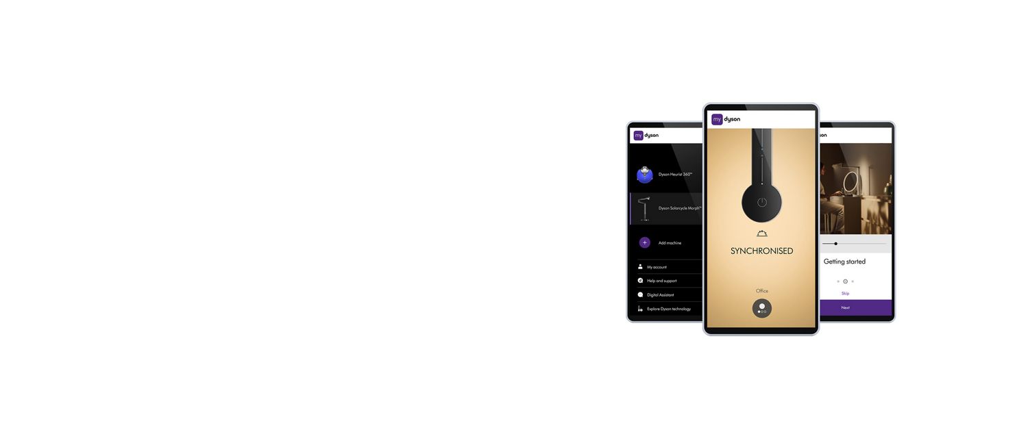 Three phone screens showing the MyDyson app.