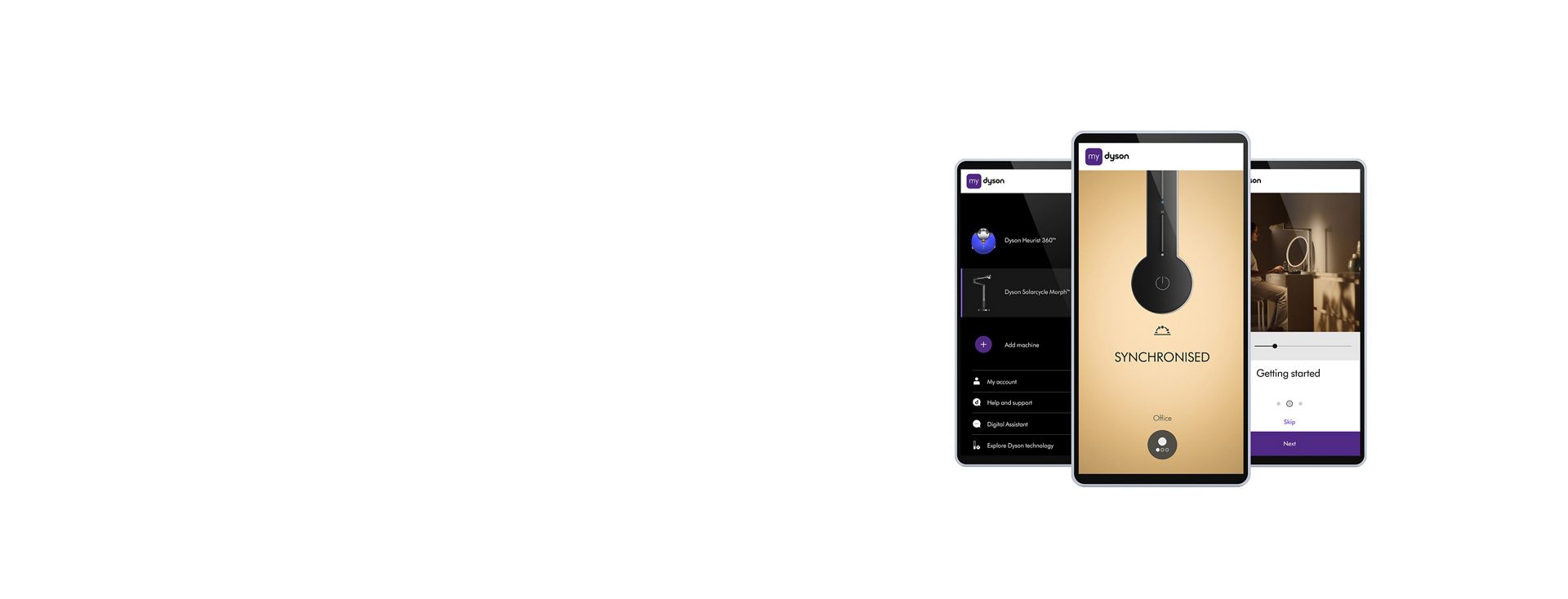 Three phone screens showing the MyDyson app.