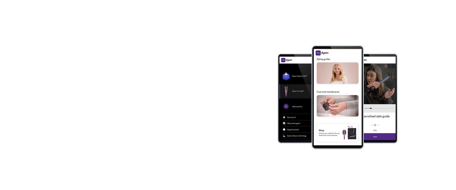 Tre cellulari mostrando l'app MyDyson.