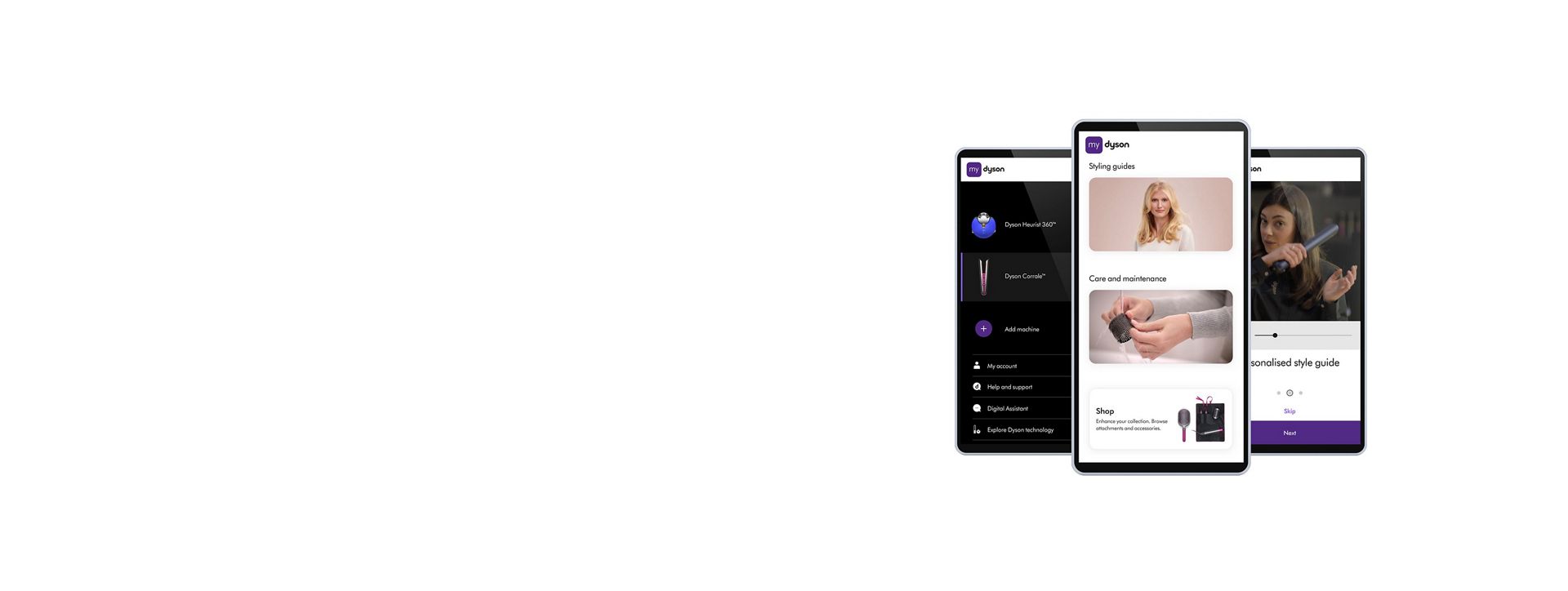 Tre cellulari mostrando l'app MyDyson.