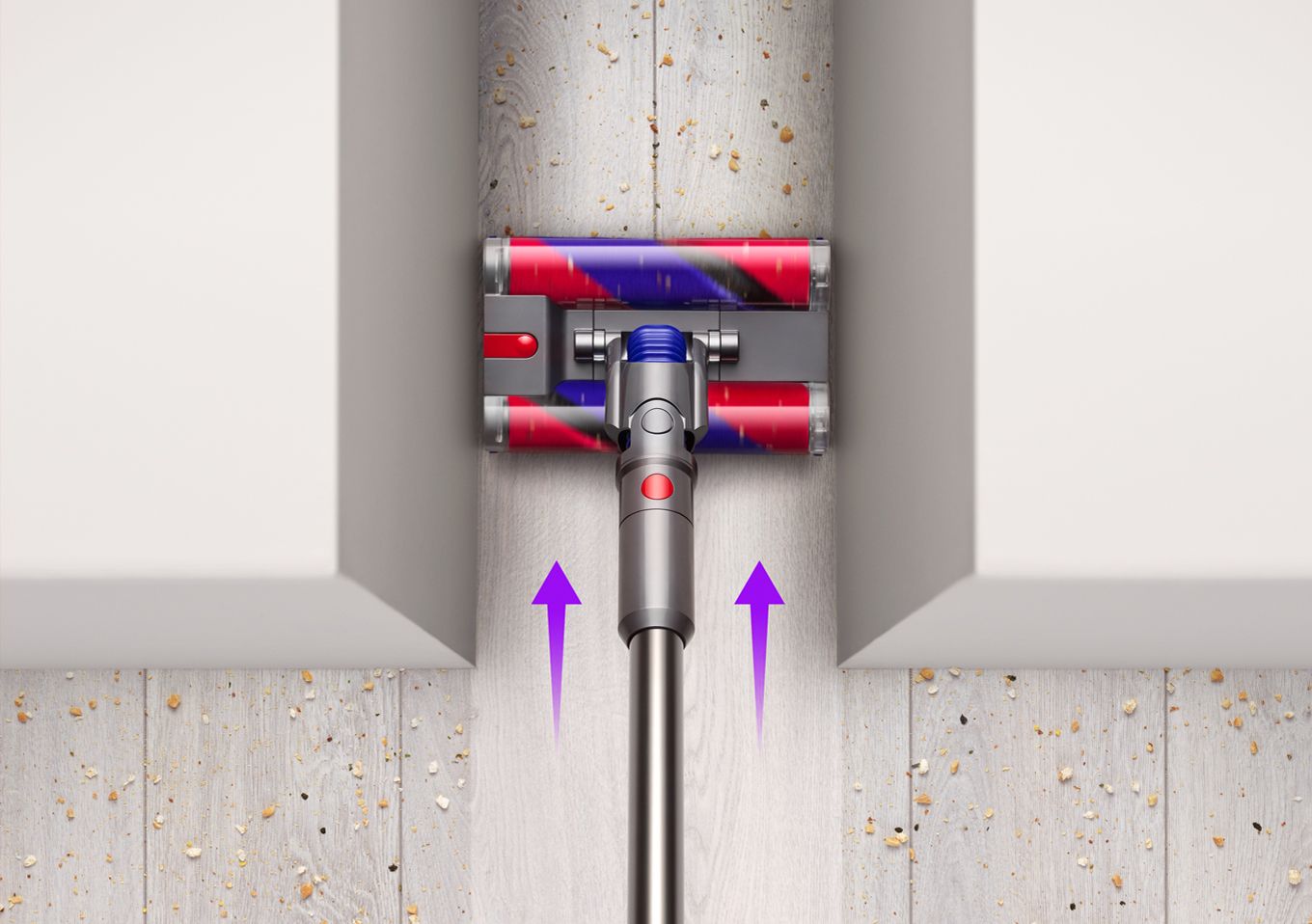Spazzola Double Fluffy™ che pulisce all'interno di uno spazio ristretto. Spazzola Double Fluffy™ che pulisce all'interno di uno spazio ristretto.