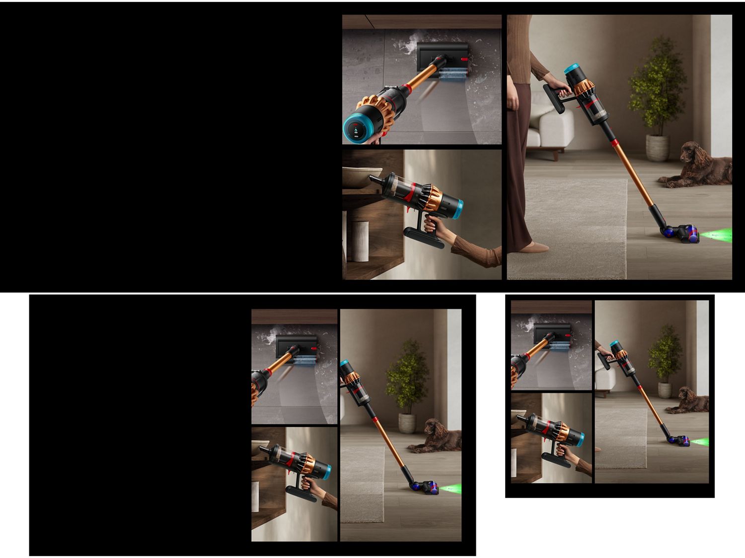 O aspirador sem fios Dyson Piston Animal na vertical sobre um fundo escuro, iluminando um pavimento duro.