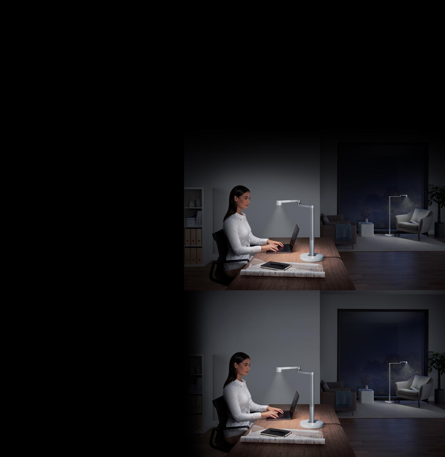 Home office with a Dyson Lightcycle task light and a Dyson Pure Cool Me purifying fan
