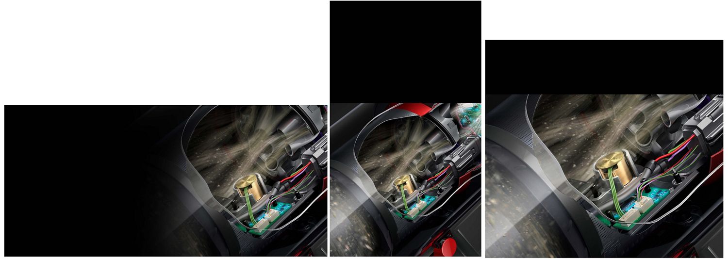 A cutaway of the side of a Dyson V15s showing debris being filtered through the machine across a sensor.