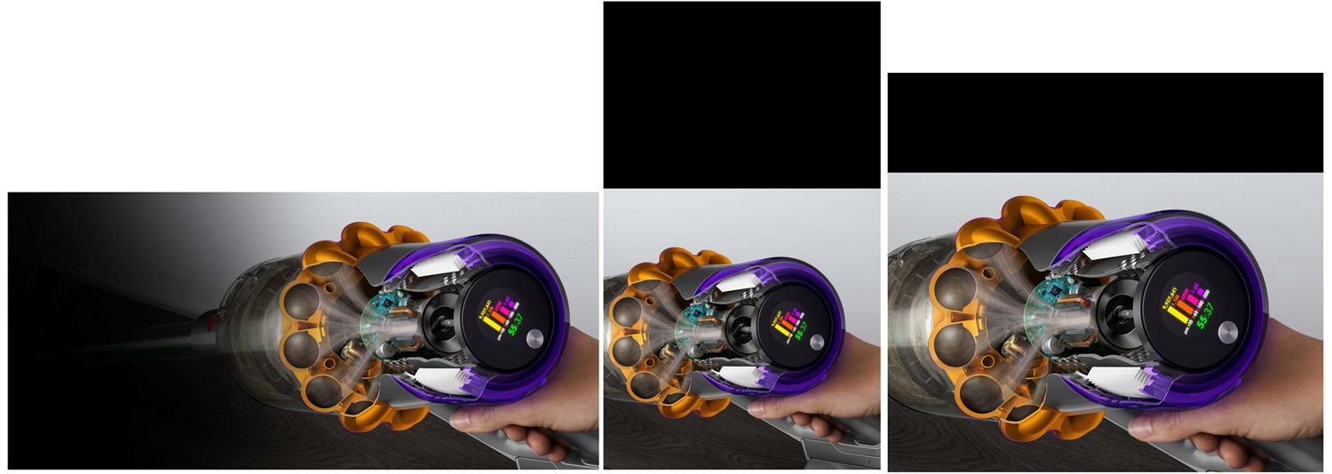 A cutaway of the side of a Dyson V15s showing debris being filtered with the LCD user screen displaying the run time and particle counts.