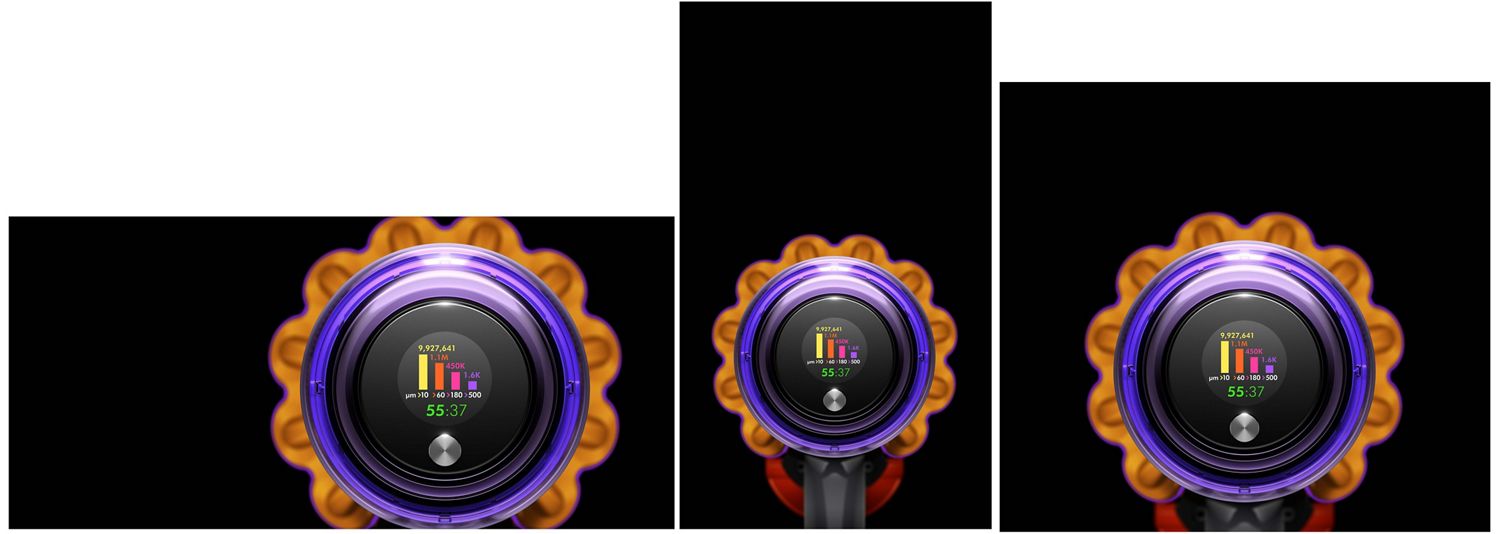 Top view of the Dyson V15s Detect Submarine showing the Selection button and LCD user screen displaying the run time and particle counts.