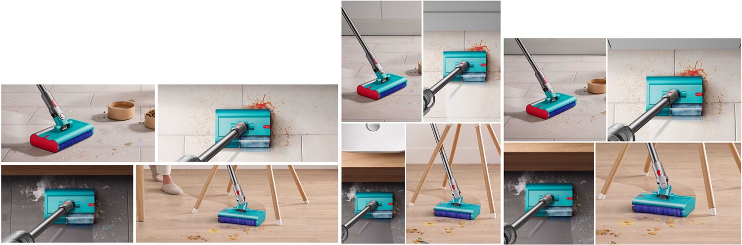 Split screen image of Dyson Submarine cleaner head cleaning up debris in 4 different scenarios. 