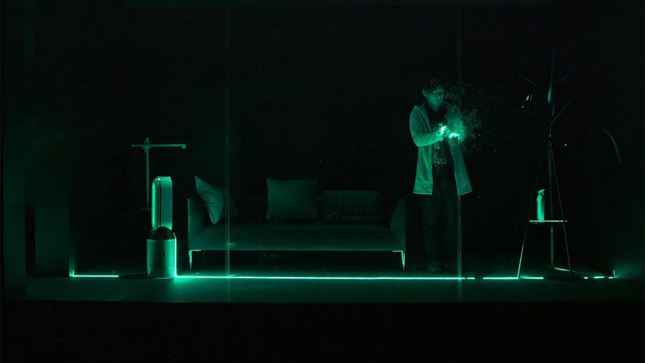 グリーンレーザーで、ほこりや見えない微細な粒子を可視化した動画