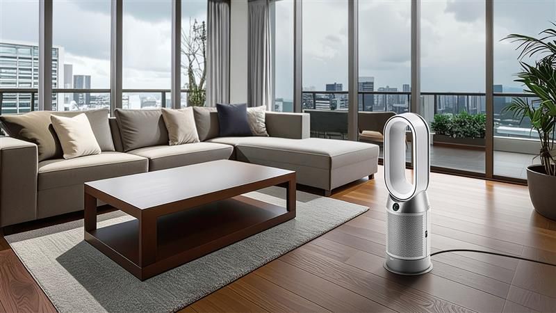 清潔でミニマルな部屋で、汚染物質を取り込み清浄された温風を送る、The Dyson Purifier Hot+Cool Gen1 ホワイト／シルバー