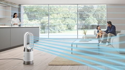 ダイソンの空気清浄ファンヒーターが部屋全体にきれいな空気を送っている図