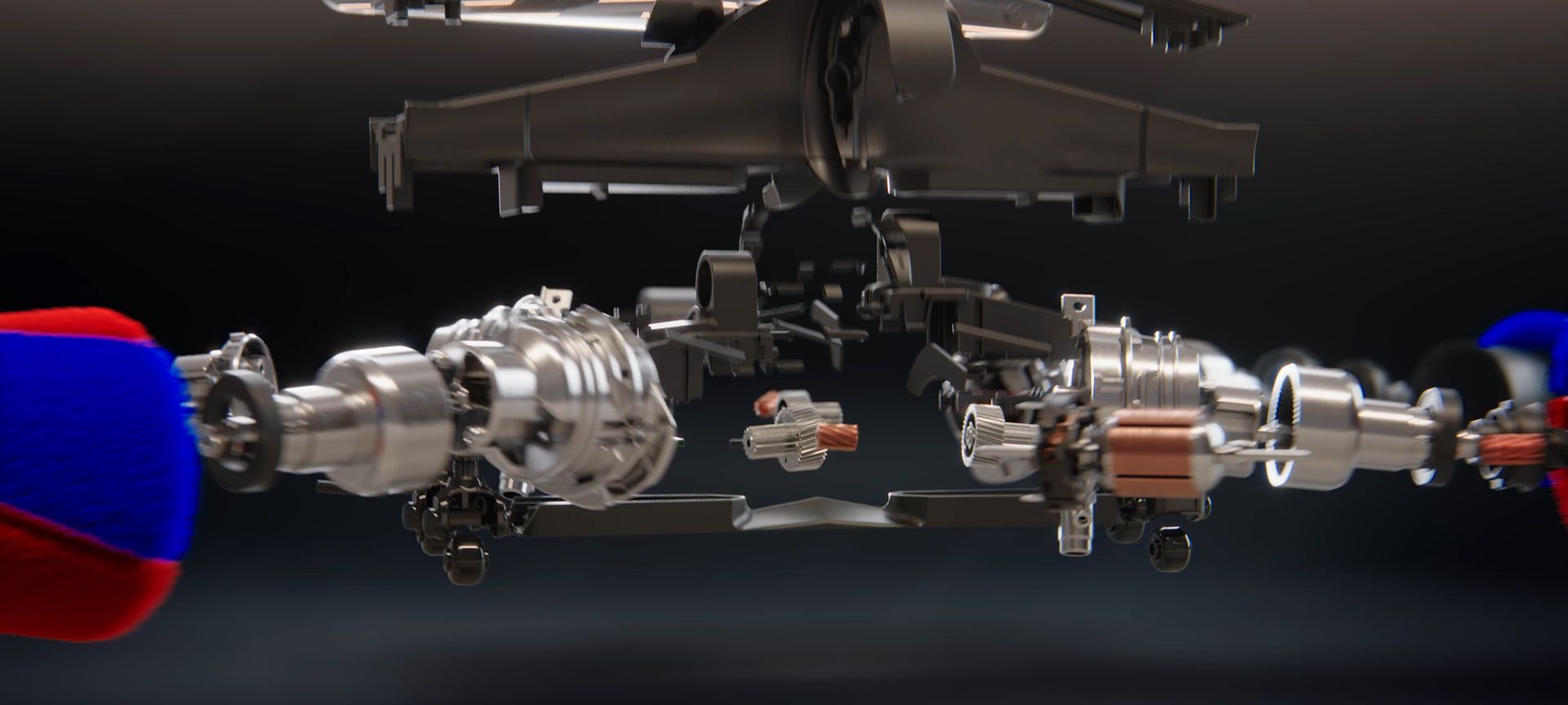 Exploded cutaway of Dyson Fluffycones cleaner head showing the technology within.