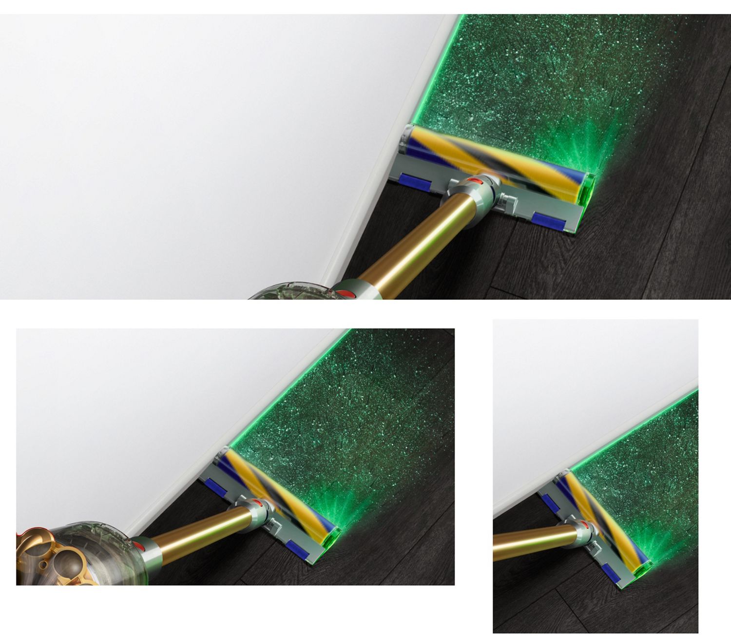 The Dyson V12 Detect Slim Absolute with Fluffy Optic cleaner head illuminating dirt on hard floor.