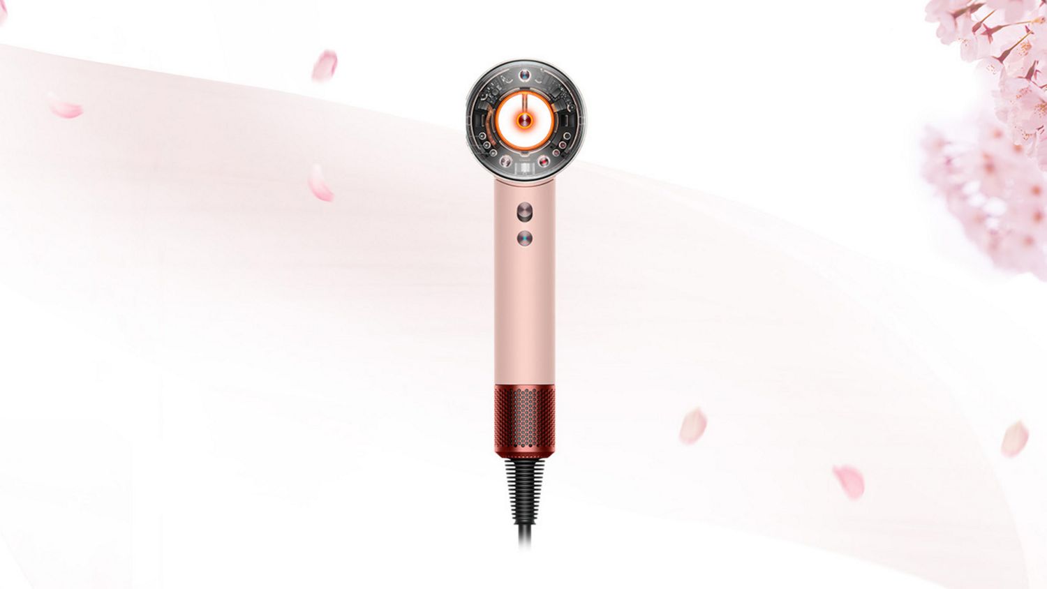Dyson Supersonic Nural Shine ヘアドライヤー さくらチェリーカラーと、背景に舞う桜