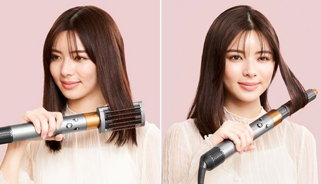 女性が髪をスタイリングする3つの画像 - 1つ目は、Dyson Airwrapマルチスタイラーのコアンダスムージングブラシ、2つ目はソフトスムージングブラシ、3つ目は40ｍｍカーラー。