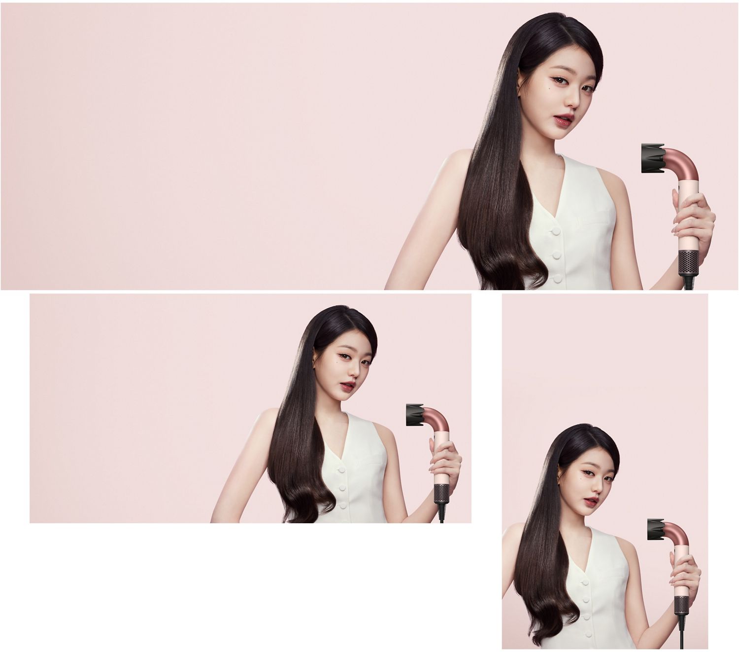 Dyson Supersonic rヘアドライヤーと低温ツールで髪を乾かすモデル