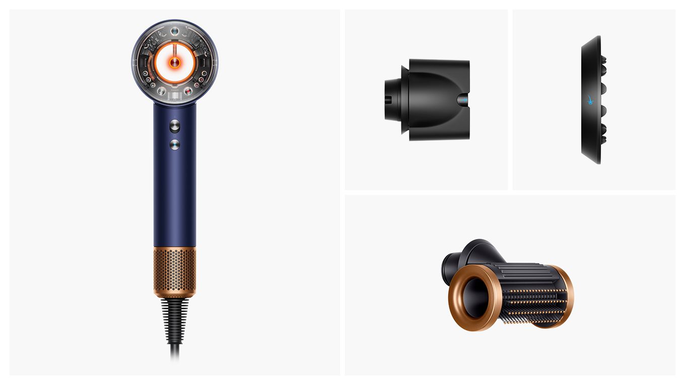 Dyson Supersonic Nural Shine ヘアドライヤー ダークブルーコッパー 製品本体と、同梱物（低温ツール、なめらかツール、ツヤ出しツール）