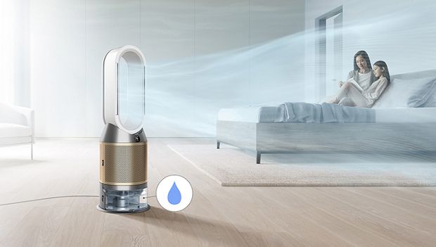 A purifier humidifier projecting powerful, humidified airflow.
