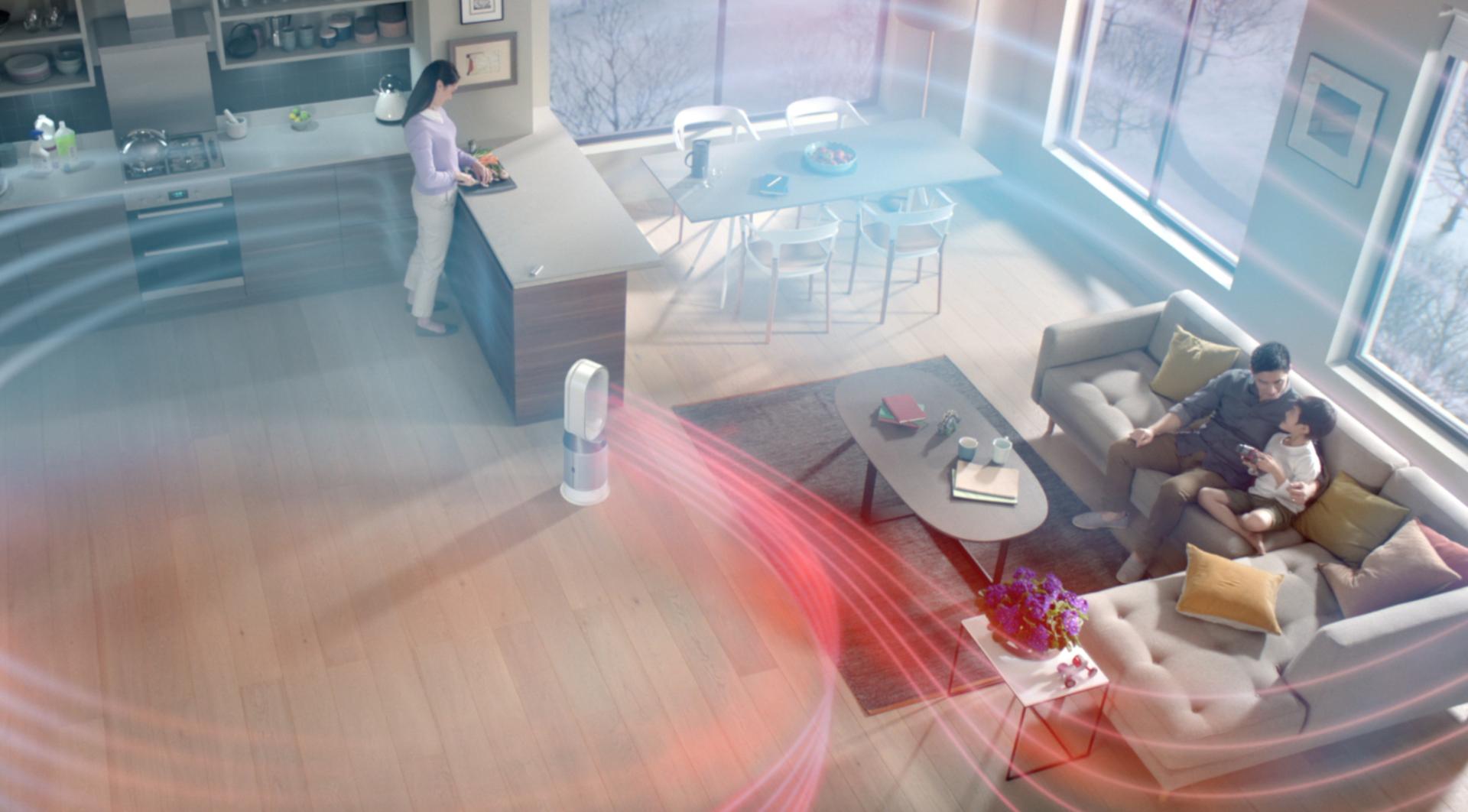 Demonstration of Dyson Pure Hot+Cool purifier in action indoors