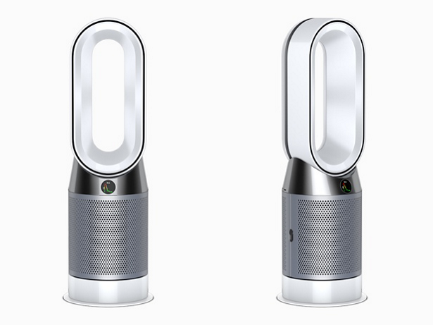Dyson Pure Cool Luftreiniger in Weiß/Silber in der Vorder- und Seitenansicht