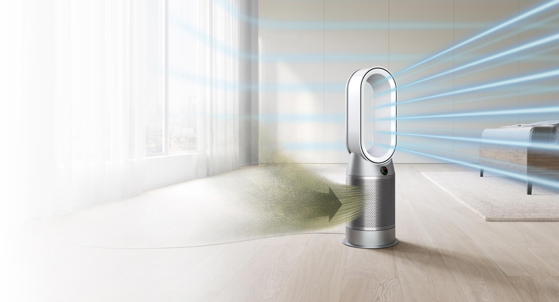 Dyson Purifier Hot+Cool Autoreact projecting heated purified air around a hotel room