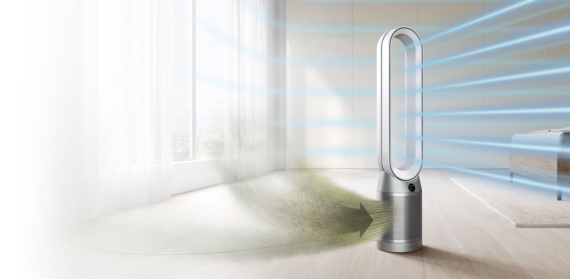 Dyson Purifier Cool Autoreact che diffonde aria purificata in una camera d'albergo