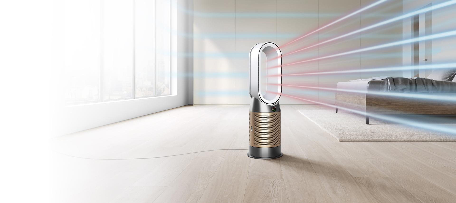 Dyson Purifier projecting heated purified air around a hotel room