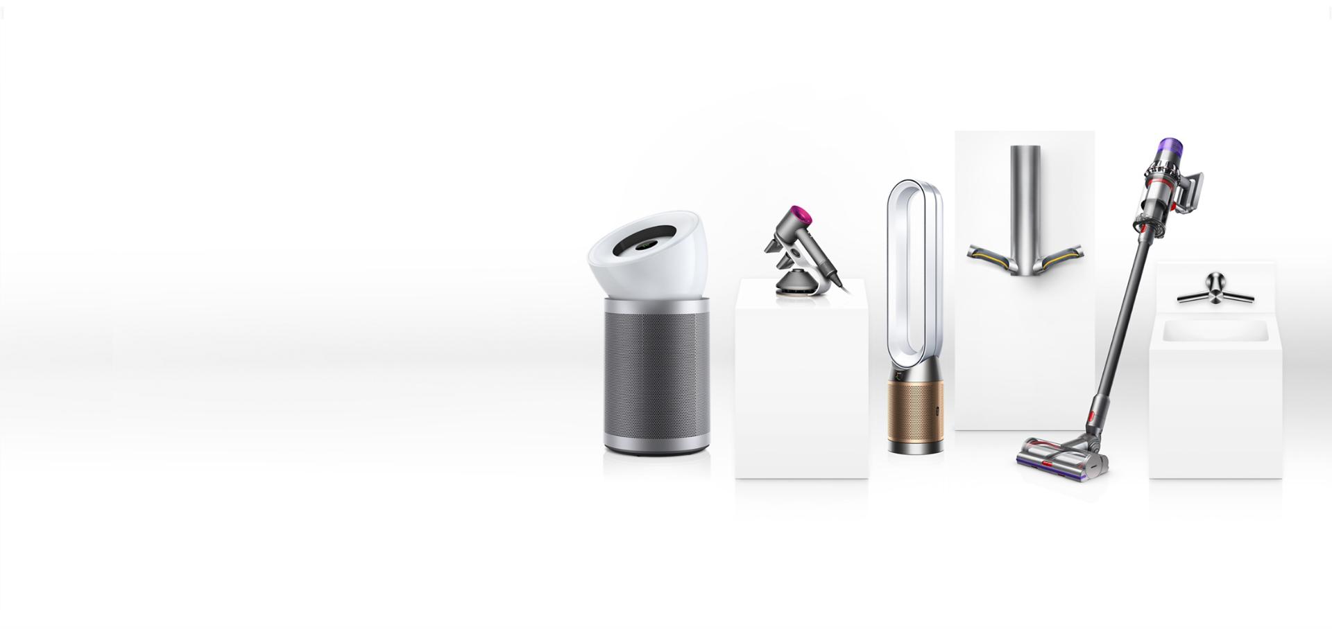 Dyson Supersonic hair dryer, Dyson Airblade 9kJ hand dryer, Dyson Pure Hot+Cool purifier fan, Dyson Wash+Dry wall in commercial setting