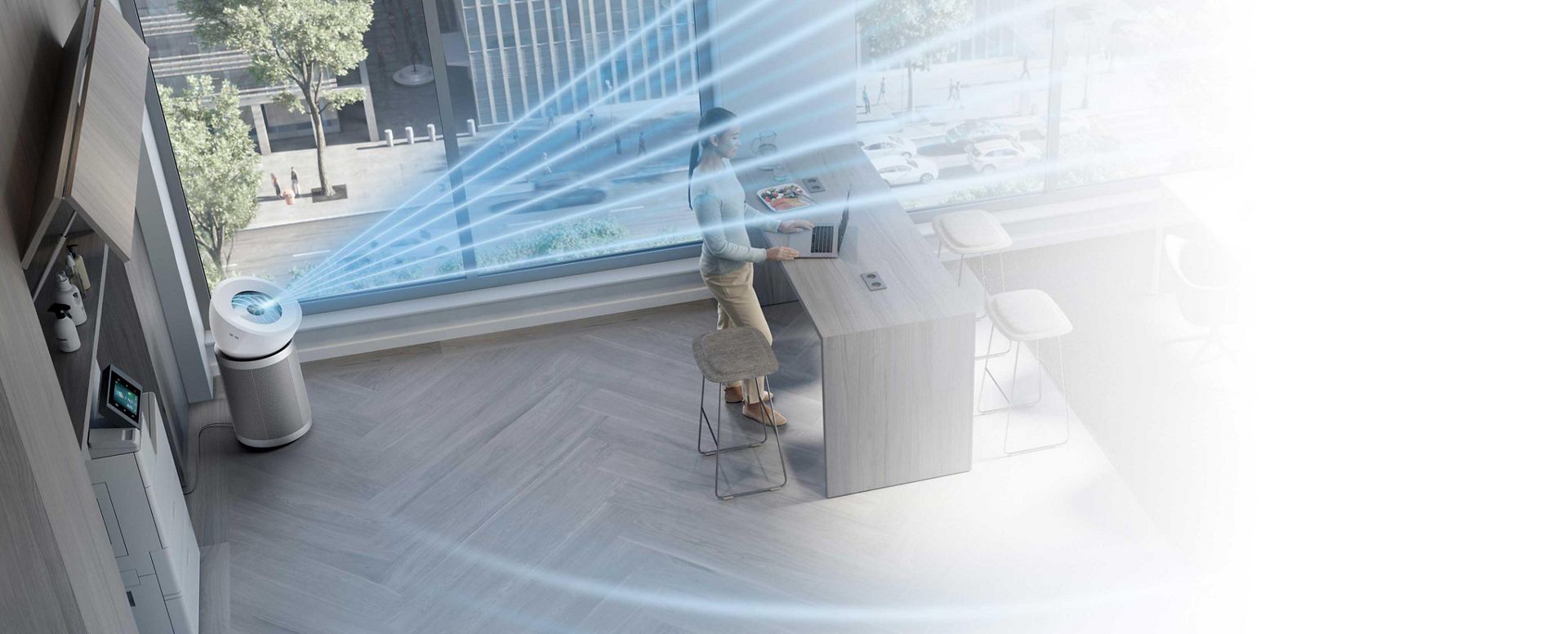 مساحة معيشة كبيرة بها جهاز Dyson HEPA Big+Quiet Formaldehyde بينما يقوم بتنقية جو الغرفة.