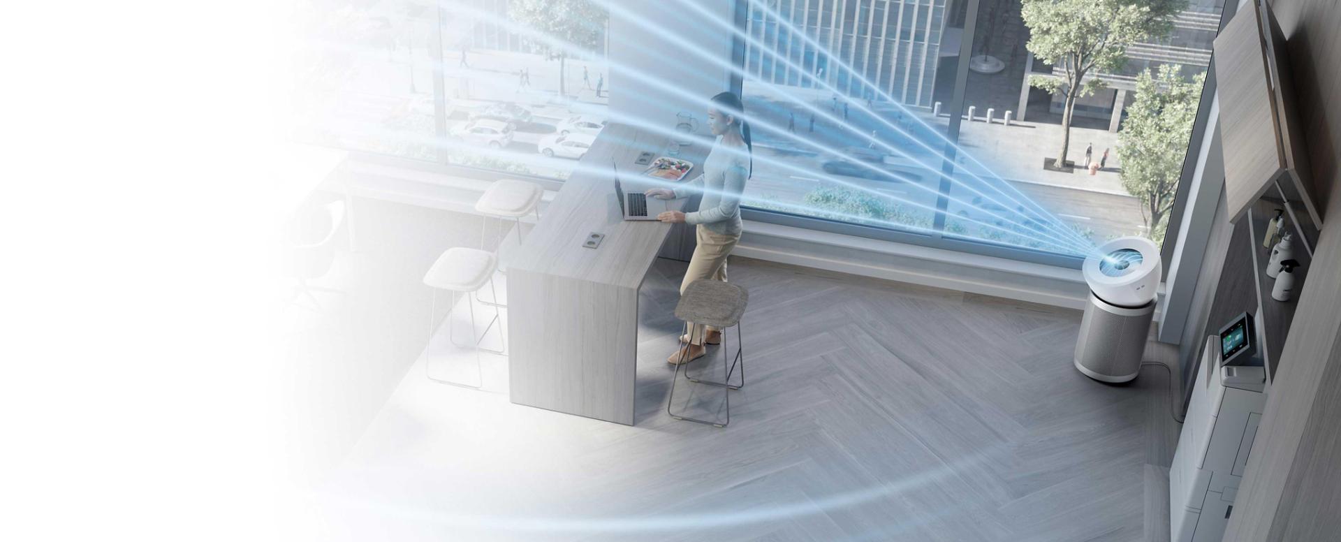 A large living space with the Dyson HEPA Big+Quiet Formaldehyde purifying the room.