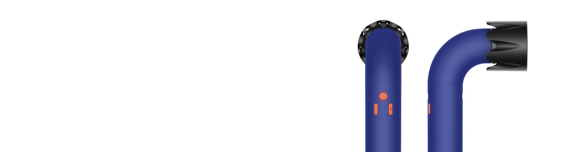 Dyson Supersonic r Professional saç kurutma makinesinin önden ve yandan görünümü.