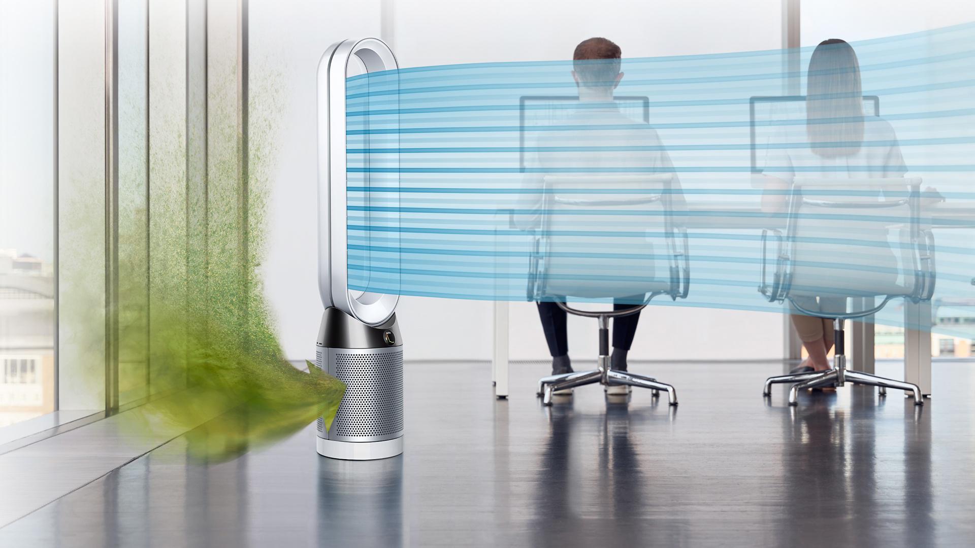 Image of Dyson Pure Cool tower capturing pollutants and projecting purified air