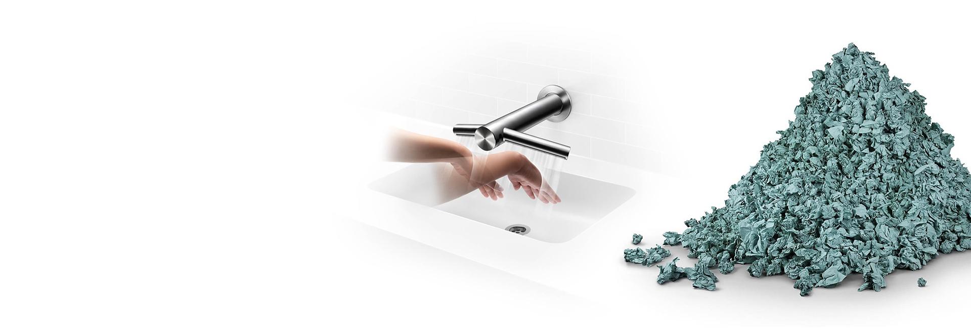 Dyson Airblade Wash+Dry el kurutma makinesi altında eller ve bir yığın kullanılmış tek kullanımlık kağıt havlu