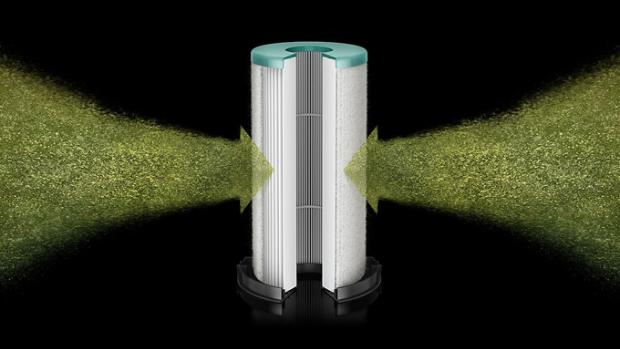 Illustration of particles being sucked into a HEPA filter.