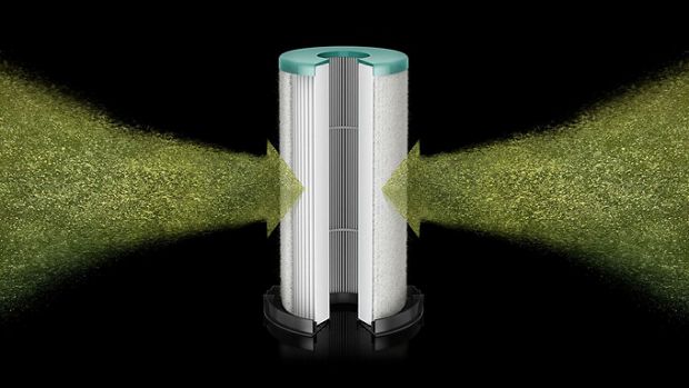 Illustration of particles being sucked into a HEPA filter.