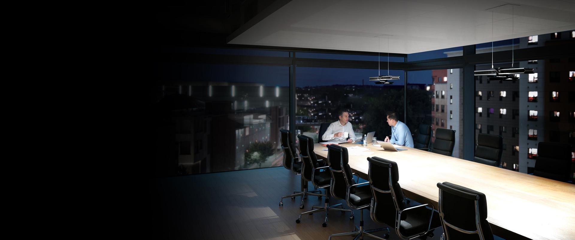 Men working in office under Cu-Beam lighting