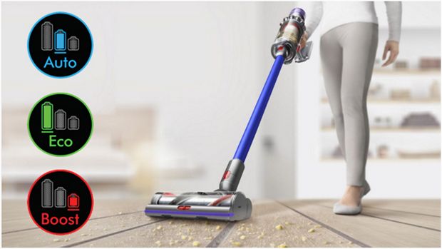 Cleaner head on carpet with image of screen showing three power modes