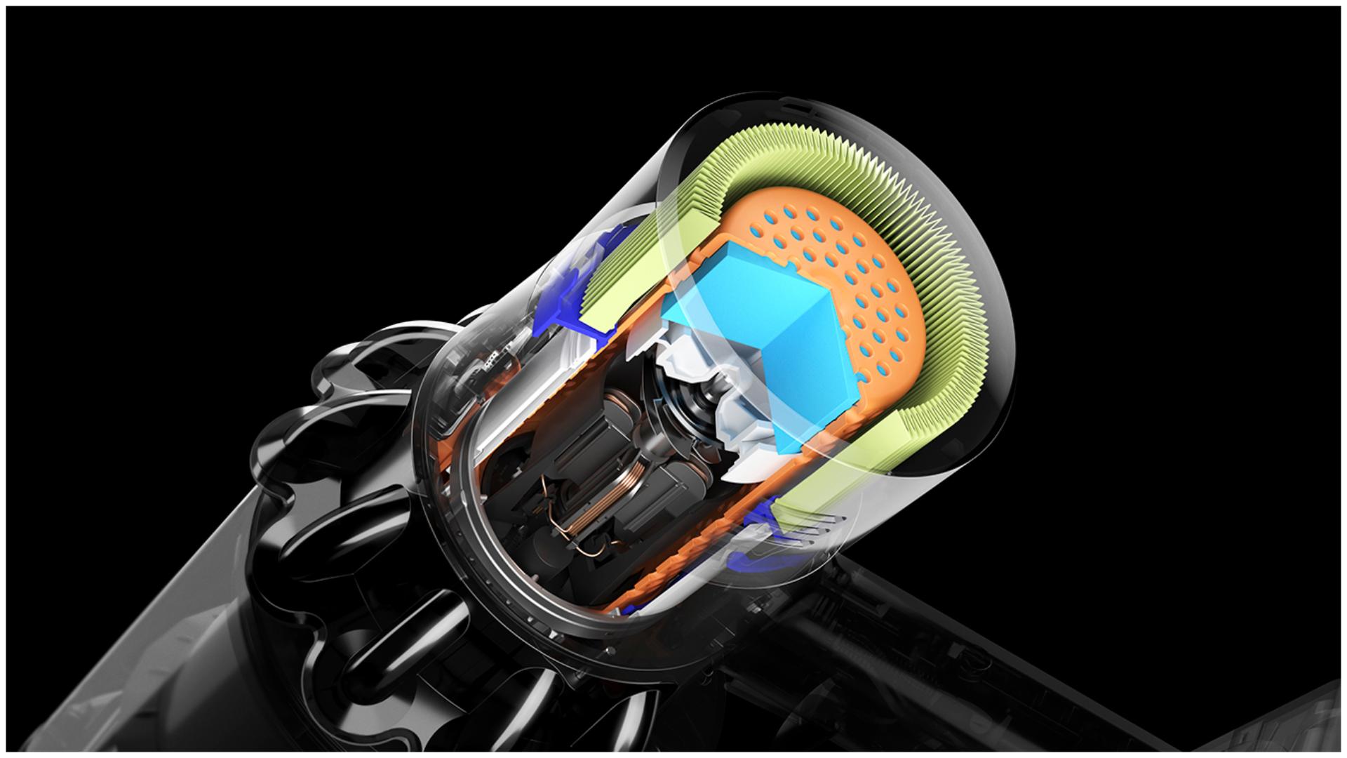 Dyson V11 vacuum acoustic engineering technology cutaway