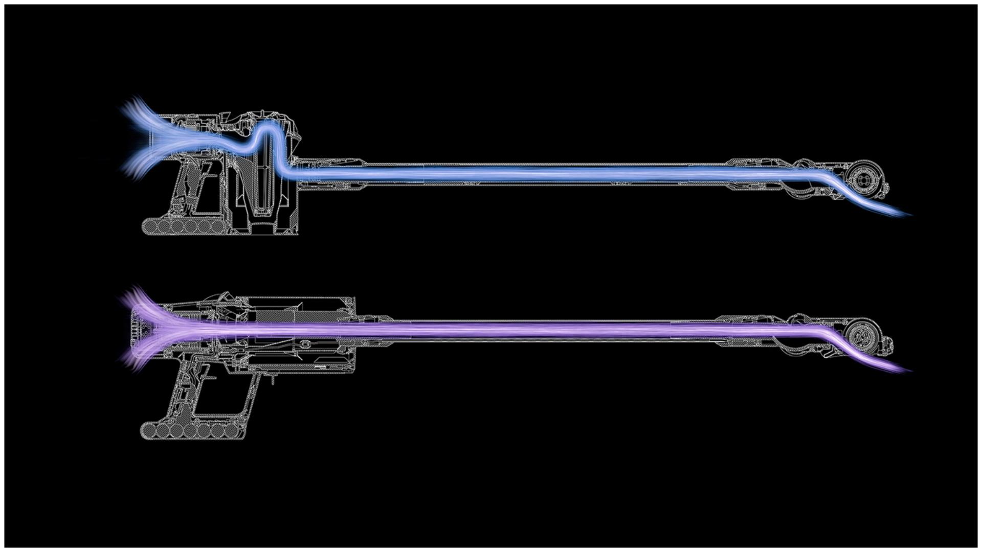 Dyson V11 vacuum in-line configuration technology cutaway