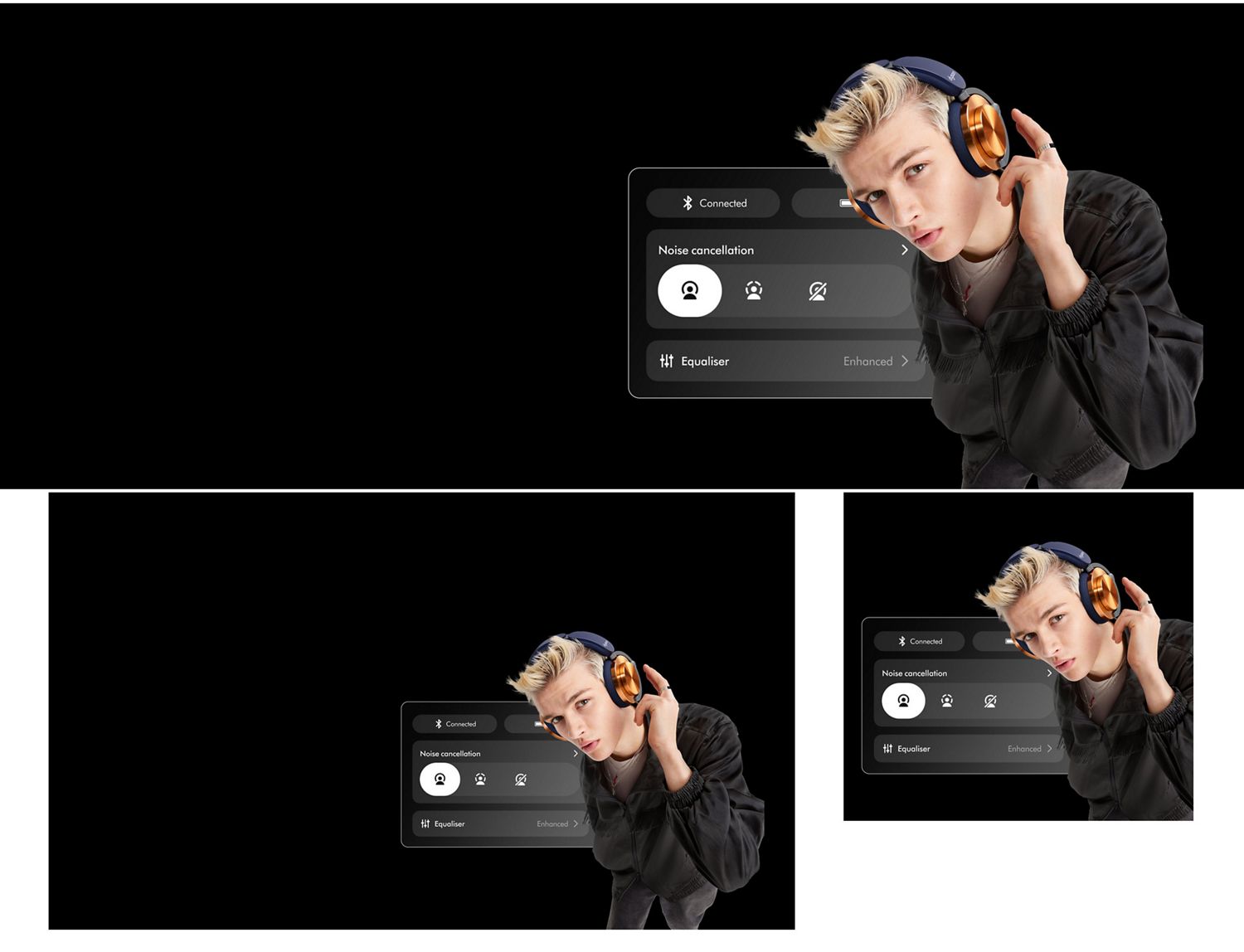 A model looking at the camera while about to tap their Dyson ontrac headphones. Behind them is an image of the app screen.