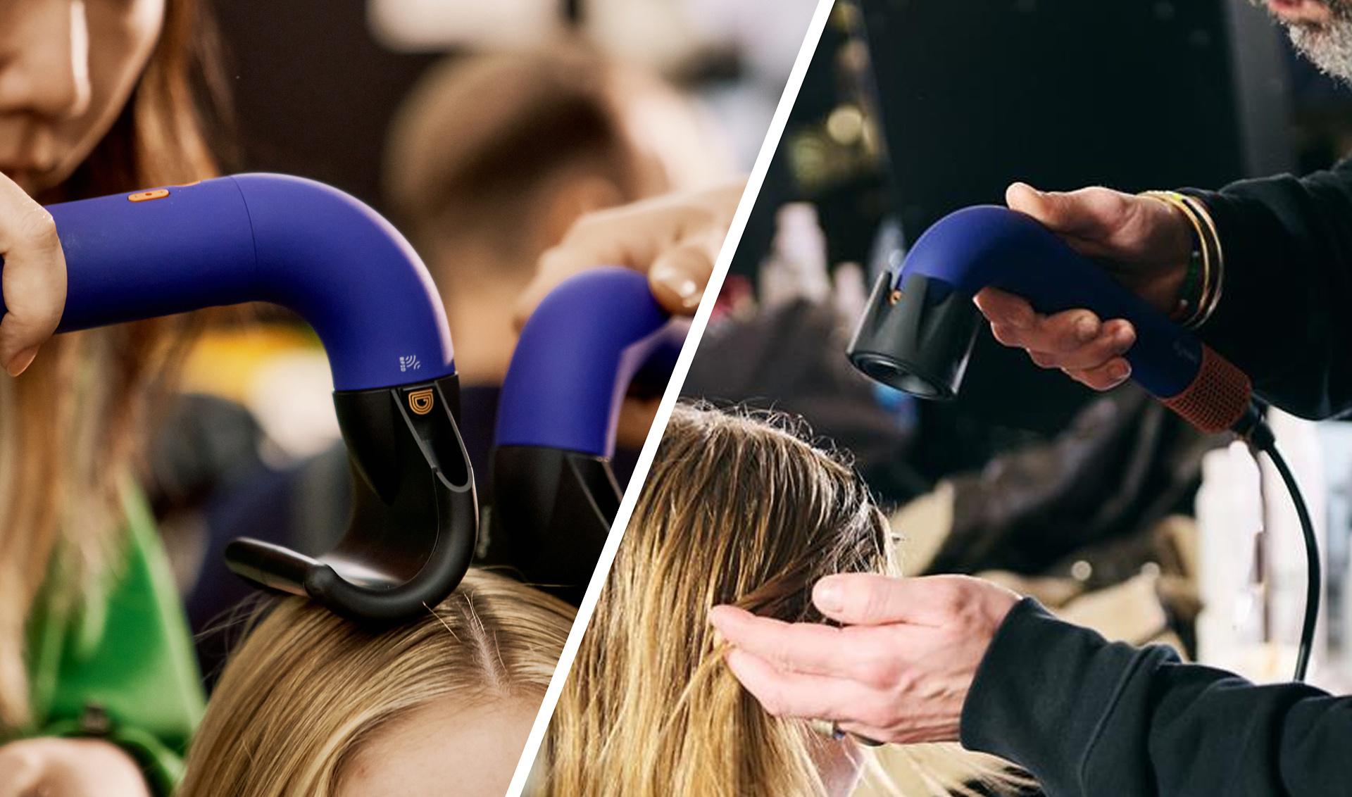 Splitscreen of the Dyson Supersonic r hair dryer being used to style a model’s hair.