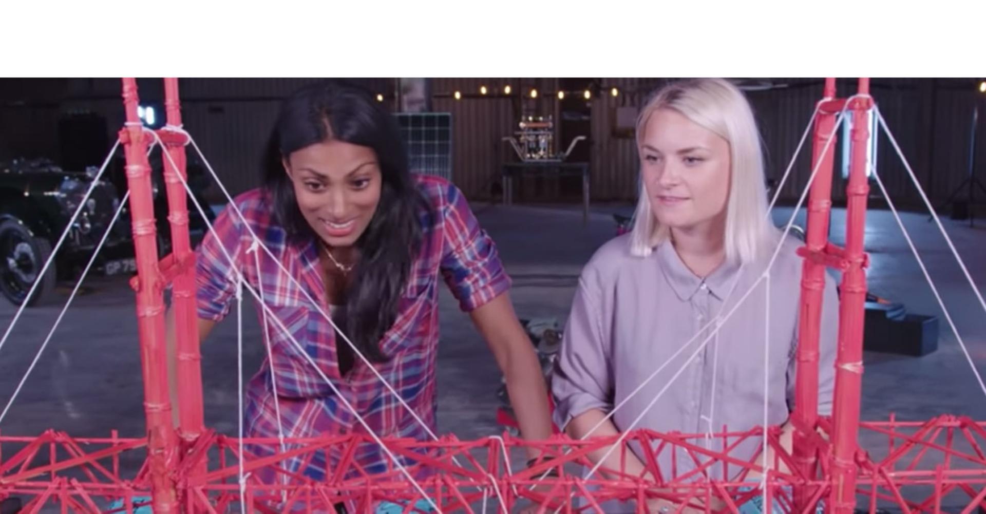 A Dyson engineer shows the spaghetti bridge challenge.
