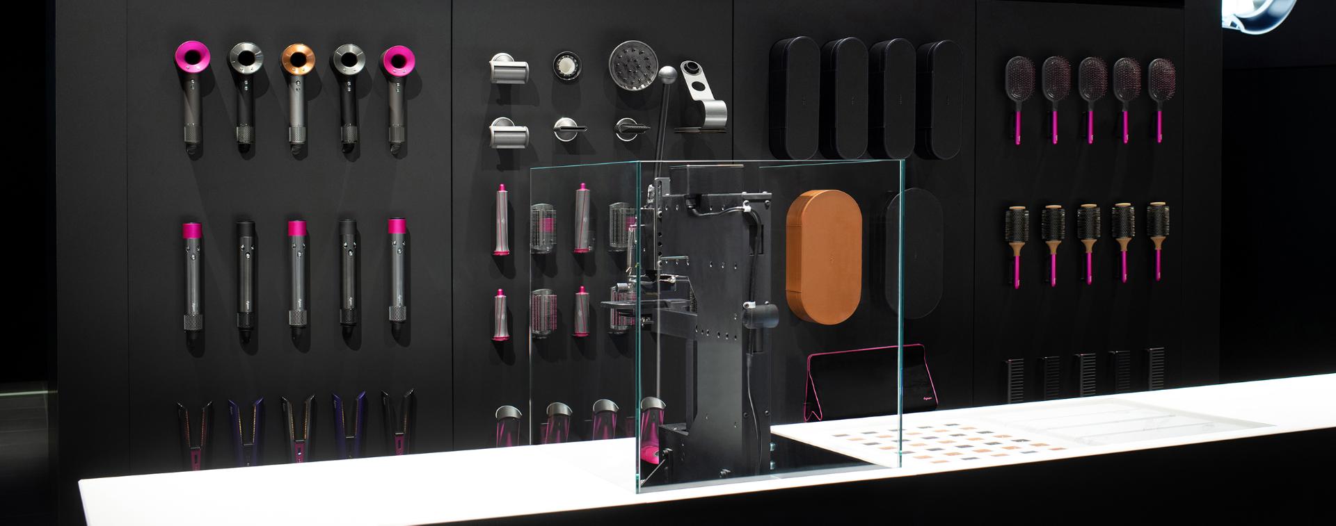 Hair care wall at Dyson demo store Castle Hill