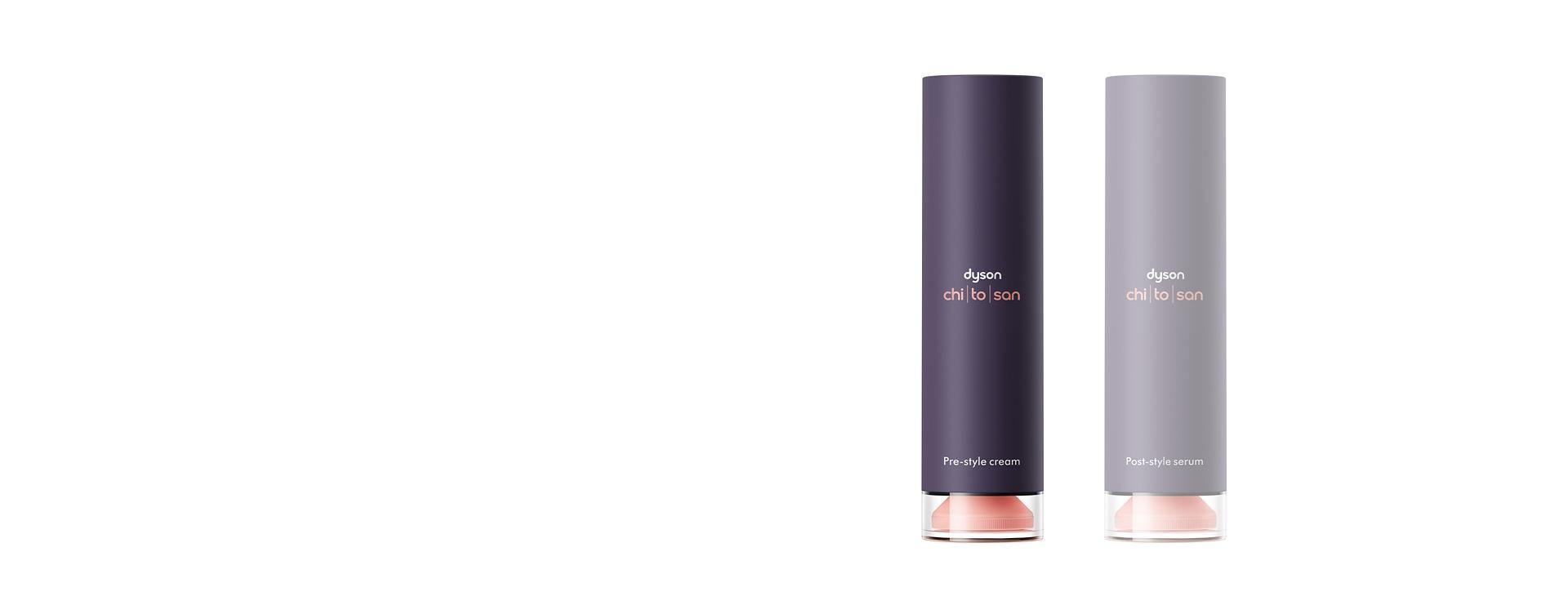 Dyson Chitosan Pre-style cream and Post-style serum with Pre-style cream highlighted