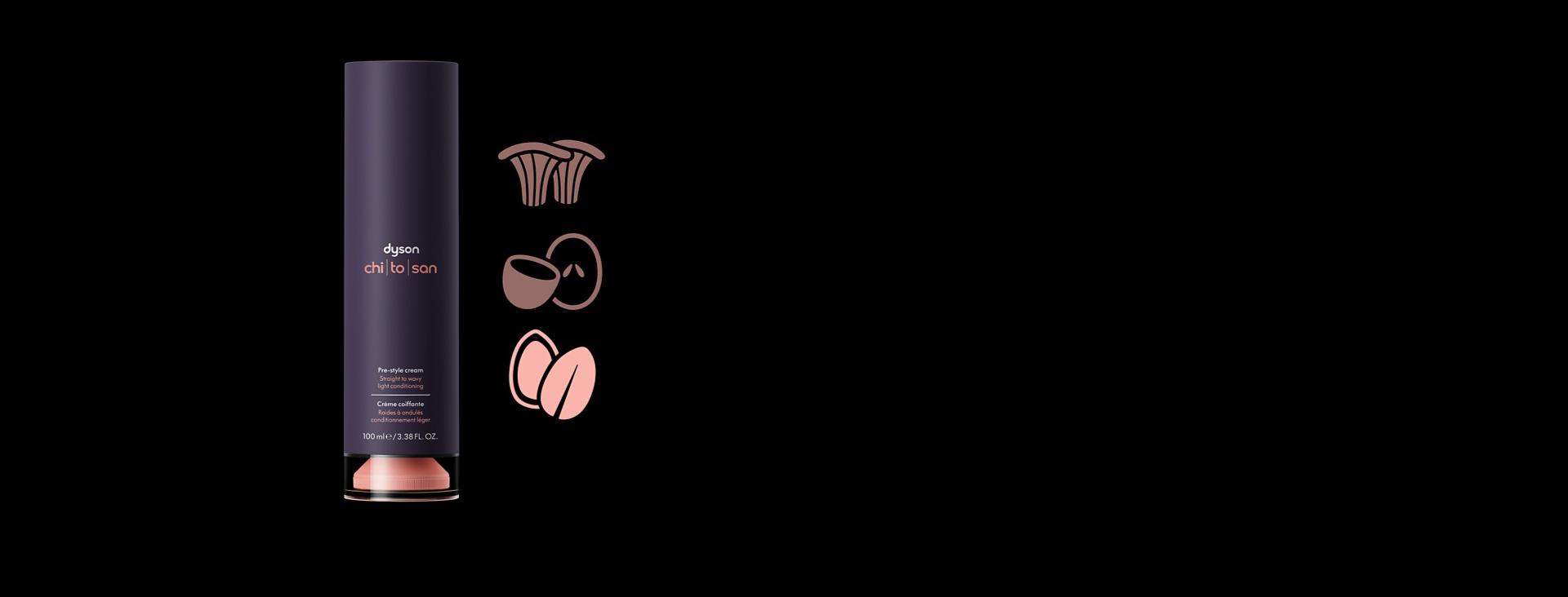 تسليط الضوء على زجاجة مضخة Dyson Chitosan مع أيقونة جوز الأرغان