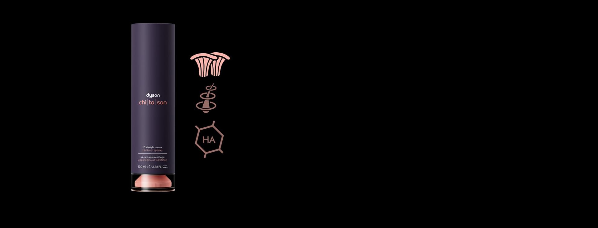 Post-style serum pump-bottle and icon of chitosan structure