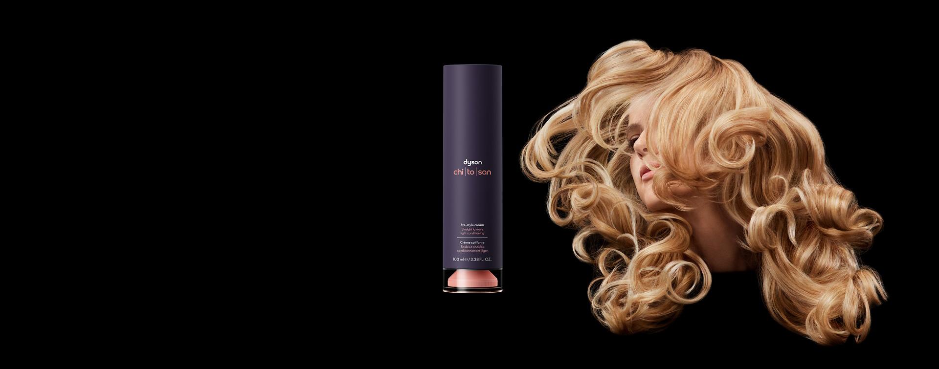 Model next to the Dyson Chitosan Pre-style cream