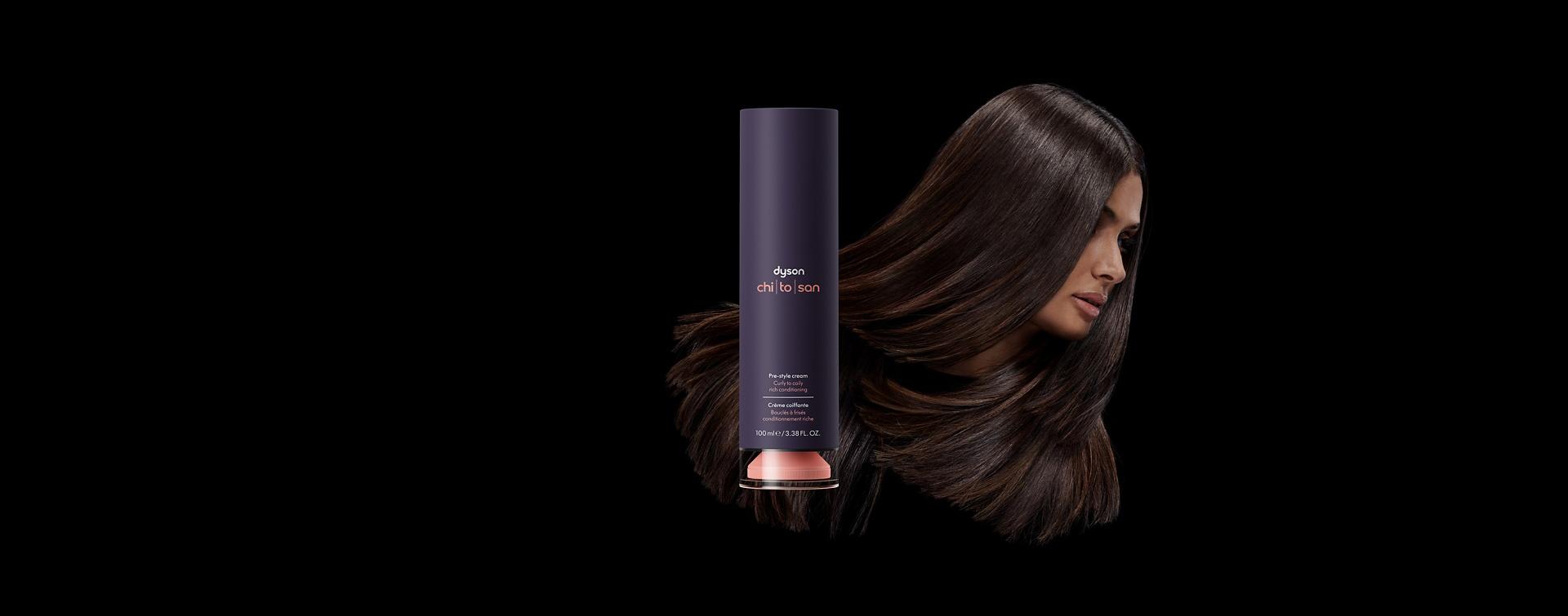 Model next to the Dyson Chitosan Pre-style cream