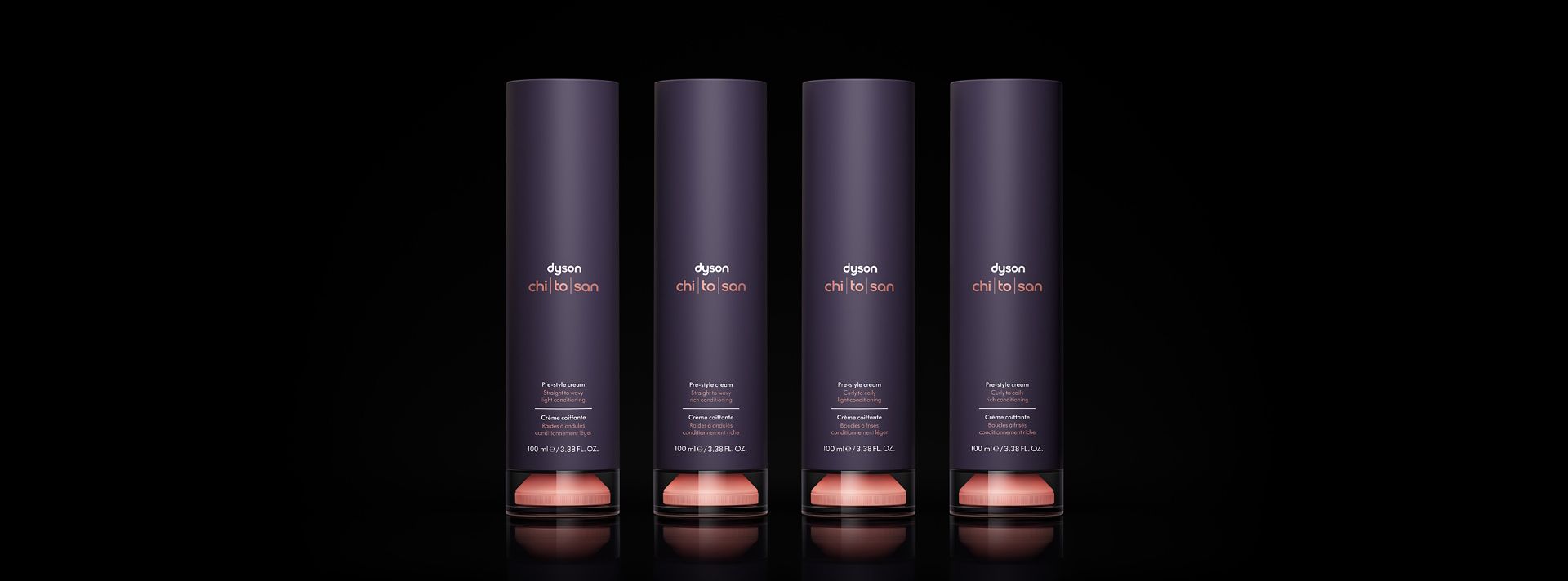 Line up of Dyson Chitosan Pre-style cream in four different variants
