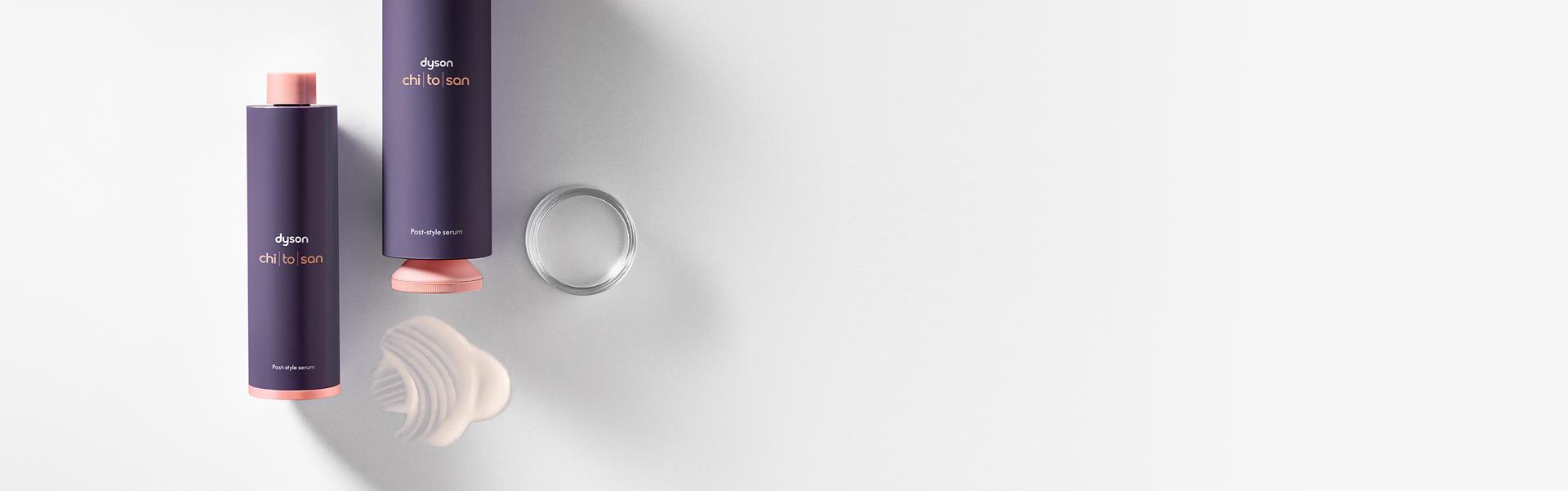 Dyson Chitosan Post-style serum outer packaging and refill bottles next to each other