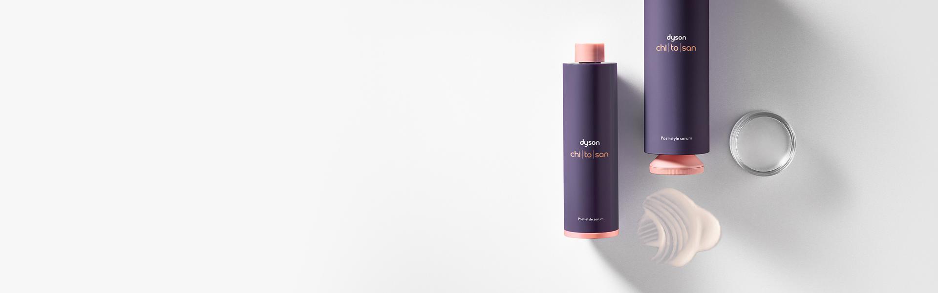 Dyson Chitosan şekillendirme sonrası saç serumu dış şişesi ve yedek şişesi yan yana